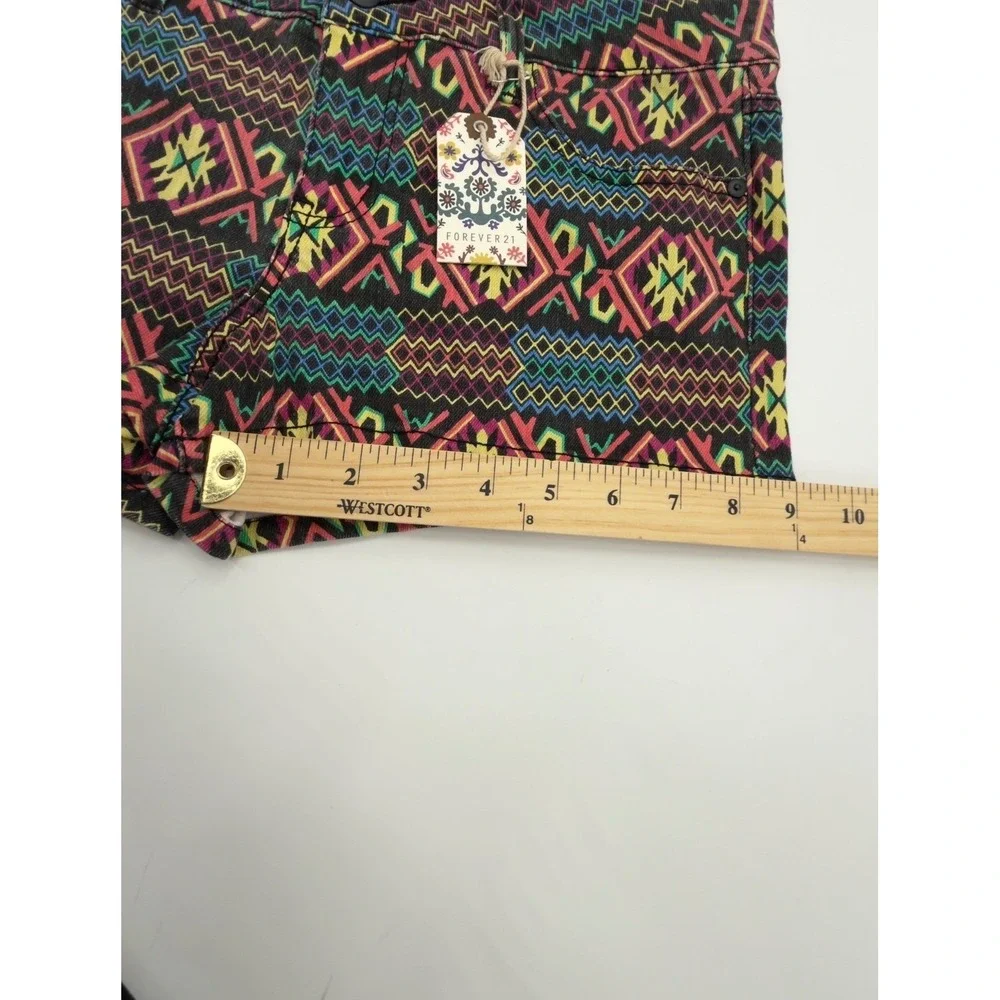 Forever 21 Denim Shorts 28‎ Black Multi Tribal Print Geometric Hipster Festival